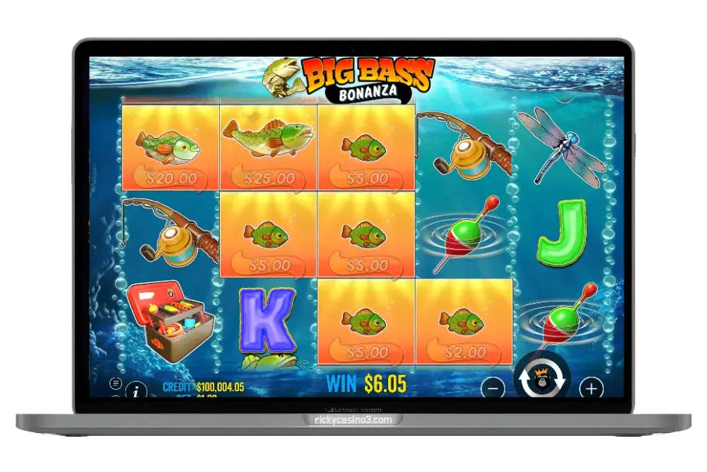 Big Bass Bonanza slot game screen showing fishing symbols, $6.05 win, $100004.05 credit, $1 bet. Show more info.