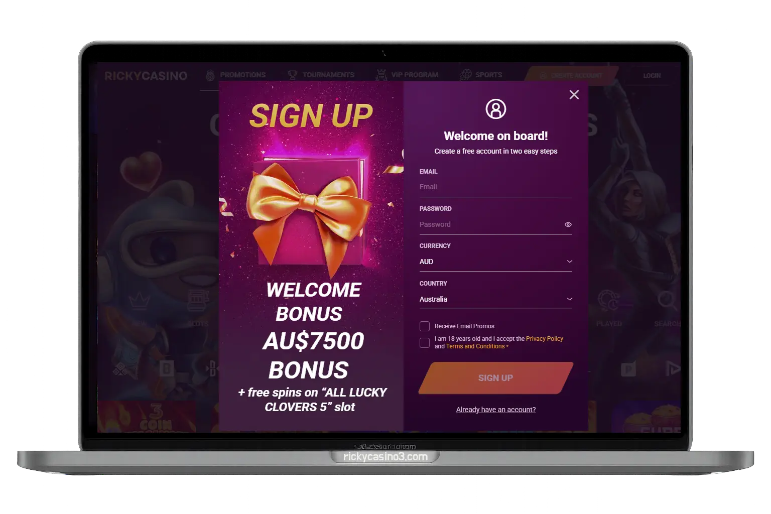 Sign up to Ricky Casino